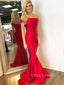 Off Shoulder Red Satin Mermaid Long Evening Prom Dresses, Cheap Custom Prom Dress, YD0178