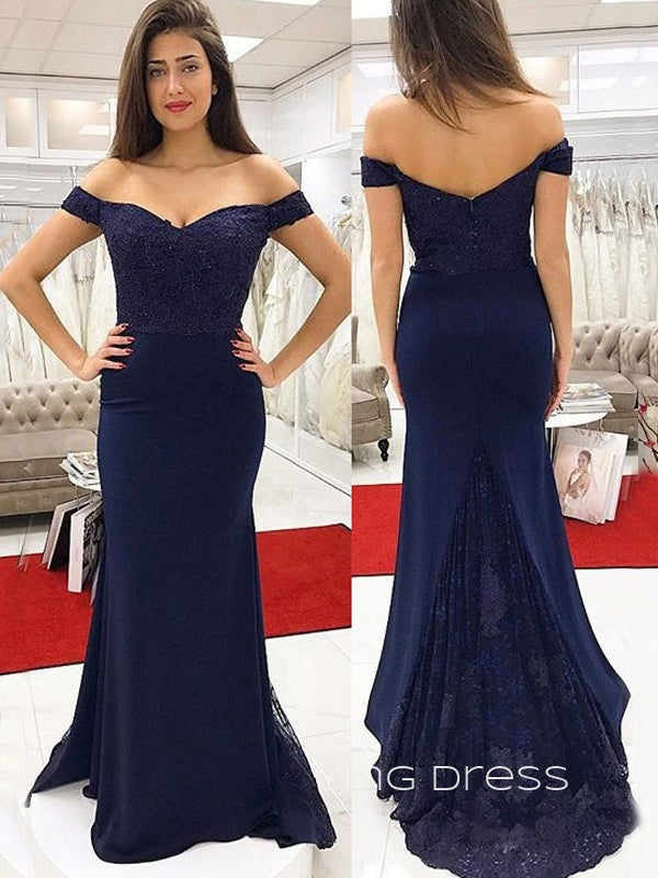 Mermaid Navy Blue Appliques Long Evening Prom Dresses, Off Shoulder Custom Prom Dress, YD0182