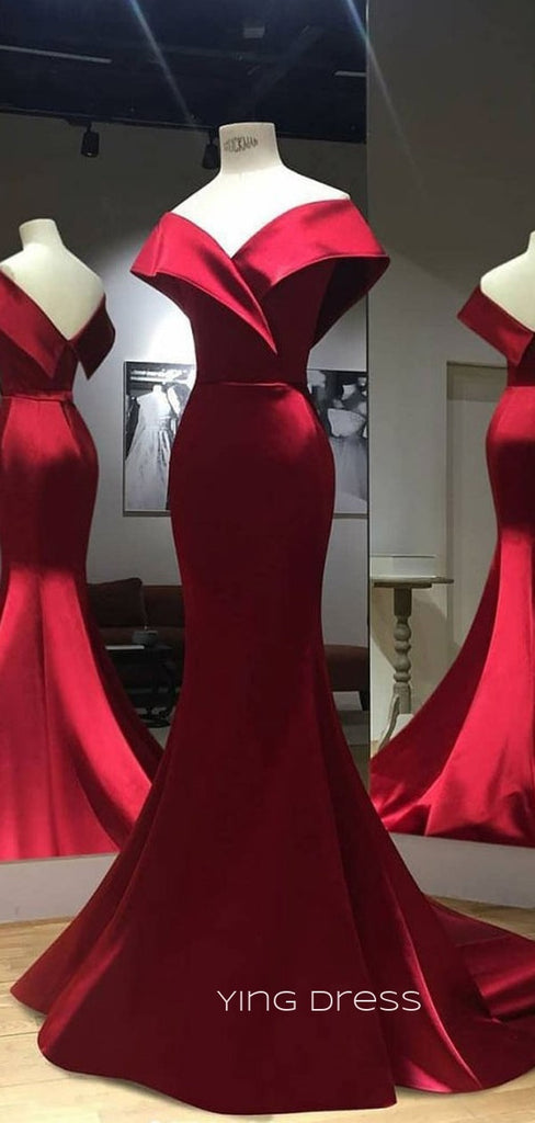 Formal Dark Red Satin Mermaid Long Evening Prom Dresses, Off Shoulder Prom Dress, YD0183