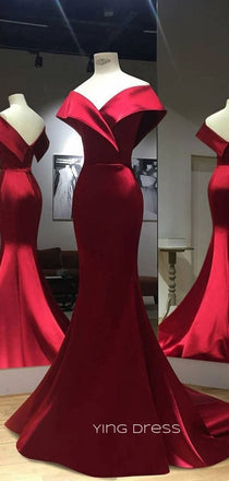 Formal Dark Red Satin Mermaid Long Evening Prom Dresses, Off Shoulder Prom Dress, YD0183