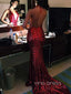 Deep V-neck Dark Red Sequins Spaghetti Straps Long Evening Prom Dresses, Mermaid Prom Dress, YD0184