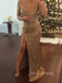 Gold Sequins Spaghetti Straps Mermaid Long Evening Prom Dresses, V-neck Prom Dress, YD0185