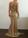 Gold Sequins Spaghetti Straps Mermaid Long Evening Prom Dresses, V-neck Prom Dress, YD0185