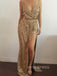 Gold Sequins Spaghetti Straps Mermaid Long Evening Prom Dresses, V-neck Prom Dress, YD0185