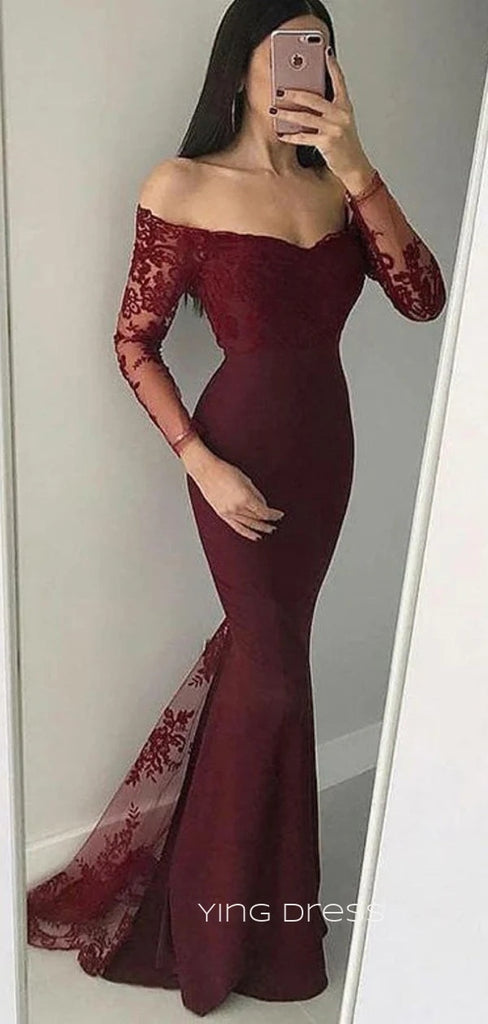 Long Sleeves Burgundy Mermaid Appliques Long Evening Prom Dresses, Off Shoulder Custom Prom Dress, YD0186