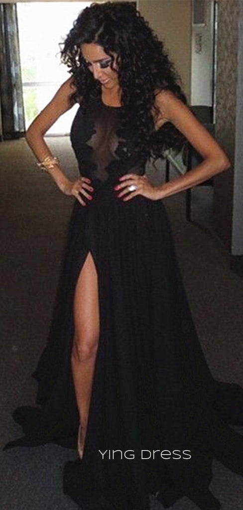 Sexy See Through Black Appliques Long Evening Prom Dresses, A-line Custom Prom Dress, YD0187