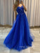 Royal Blue Tulle Appliques Spaghetti Straps Long Evening Prom Dresses, A-line Custom Prom Dress, YD0188