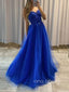 Royal Blue Tulle Appliques Spaghetti Straps Long Evening Prom Dresses, A-line Custom Prom Dress, YD0188