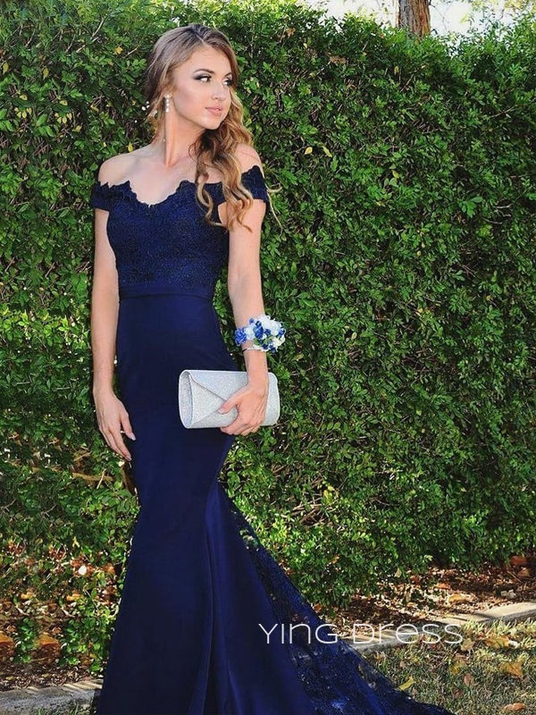 Popular Navy Blue Appliques Long Evening Prom Dresses, Mermaid Custom Prom Dress, YD0191