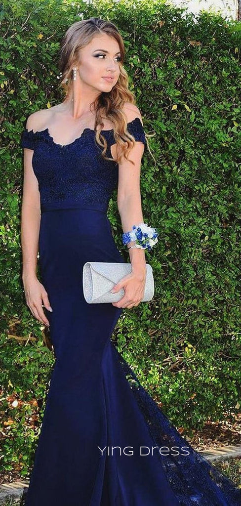 Popular Navy Blue Appliques Long Evening Prom Dresses, Mermaid Custom Prom Dress, YD0191