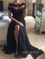 Off Shoulder Black Appliques Long Evening Prom Dresses, Side Slit Custom Prom Dress, YD0192