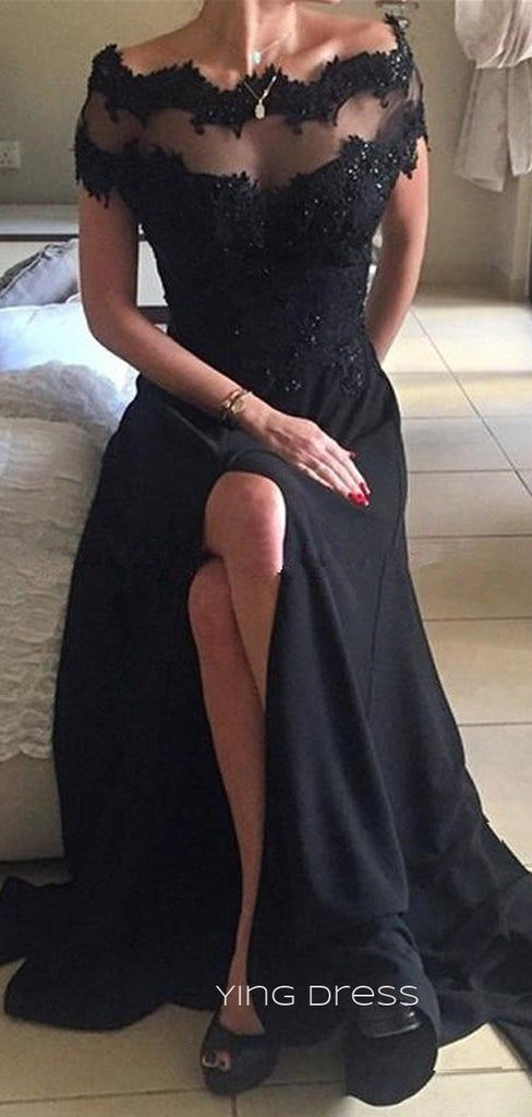 Off Shoulder Black Appliques Long Evening Prom Dresses, Side Slit Custom Prom Dress, YD0192