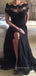 Off Shoulder Black Appliques Long Evening Prom Dresses, Side Slit Custom Prom Dress, YD0192