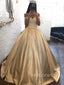 Off Shoulder A-line Satin Appliques Long Evening Prom Dresses, Custom Ball Gown, YD0193