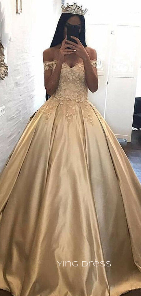 Off Shoulder A-line Satin Appliques Long Evening Prom Dresses, Custom Ball Gown, YD0193