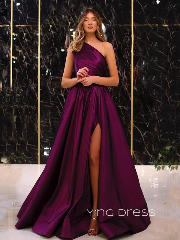 A-line Purple Satin One Shoulder Long Evening Prom Dresses, Cheap Side Slit Prom Dress, YD0194