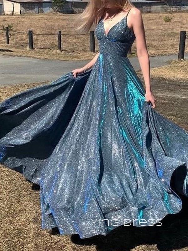 Navy Blue Sparkly A-line Long Evening Prom Dresses, V-neck Custom Prom Dress, YD0196