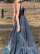 Navy Blue Sparkly A-line Long Evening Prom Dresses, V-neck Custom Prom Dress, YD0196