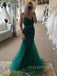 Emerald Green Tulle Appliques Mermaid Long Evening Prom Dresses, V-neck Custom Prom Dress, YD0197