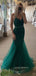 Emerald Green Tulle Appliques Mermaid Long Evening Prom Dresses, V-neck Custom Prom Dress, YD0197