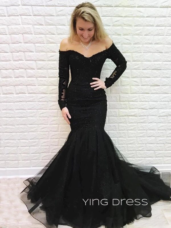 Black Tulle Appliques Mermaid Long Evening Prom Dresses, Long Sleeves Custom Prom Dress, YD0200