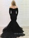 Black Tulle Appliques Mermaid Long Evening Prom Dresses, Long Sleeves Custom Prom Dress, YD0200