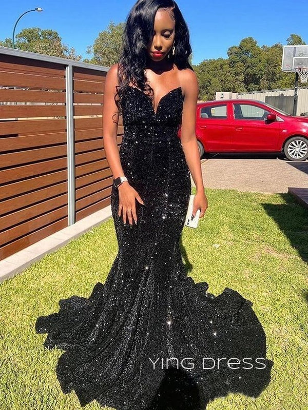 Black Sequins Mermaid Strapless Long Evening Prom Dresses, V-neck Prom Dress, YD0201