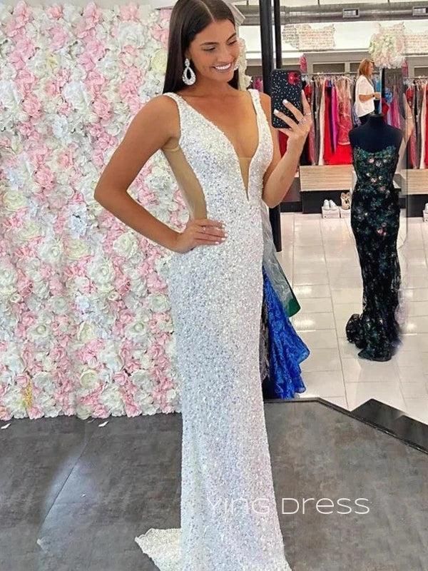 White Sequins Mermaid V-neck Long Evening Prom Dresses, Custom Prom Dress, YD0202