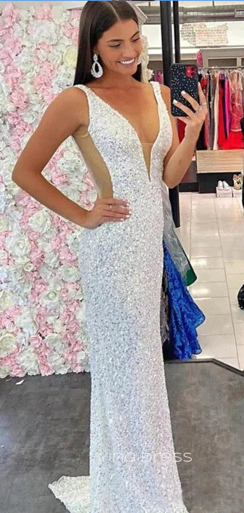 White Sequins Mermaid V-neck Long Evening Prom Dresses, Custom Prom Dress, YD0202