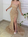 Gold Sequins Mermaid Strapless Long Evening Prom Dresses, Side Slit Prom Dress, YD0204