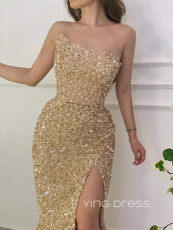 Gold Sequins Mermaid Strapless Long Evening Prom Dresses, Side Slit Prom Dress, YD0204