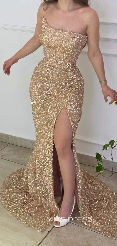 Gold Sequins Mermaid Strapless Long Evening Prom Dresses, Side Slit Prom Dress, YD0204