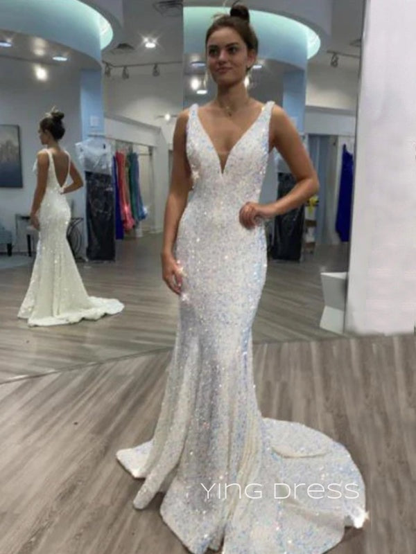 Deep V-neck Sequins Mermaid Long Evening Prom Dresses, V-back Custom Prom Dress, YD0205