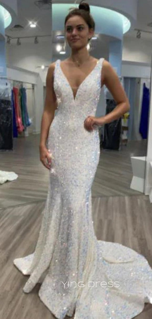 Deep V-neck Sequins Mermaid Long Evening Prom Dresses, V-back Custom Prom Dress, YD0205