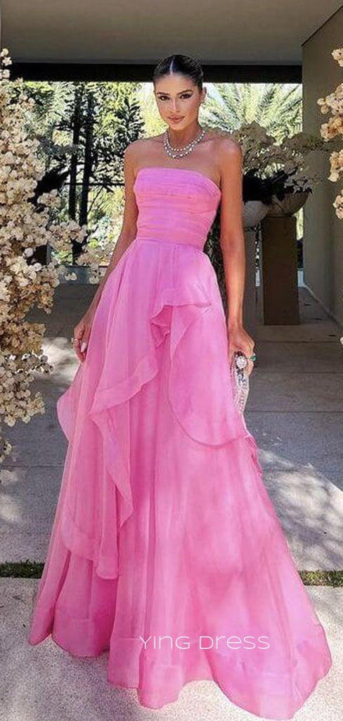 A-line Hot Pink Long Evening Prom Dresses, Strapless Custom Prom Dress, YD0206