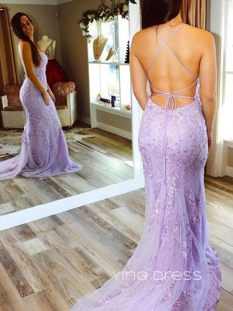 Purple Tulle Appliques Mermaid Long Evening Prom Dresses, Spaghetti Straps Custom Prom Dress, YD0207