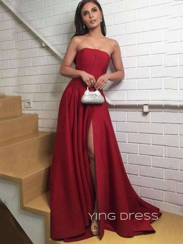 Red Satin A-line Side Slit Long Evening Prom Dresses, Strapless Custom Prom Dress, YD0211