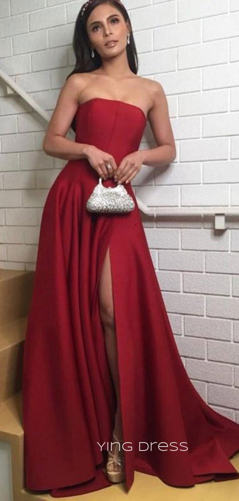 Red Satin A-line Side Slit Long Evening Prom Dresses, Strapless Custom Prom Dress, YD0211