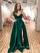 Emerald Green Satin A-line Side Slit Long Evening Prom Dresses, Sweetheart Custom Prom Dress, YD0212