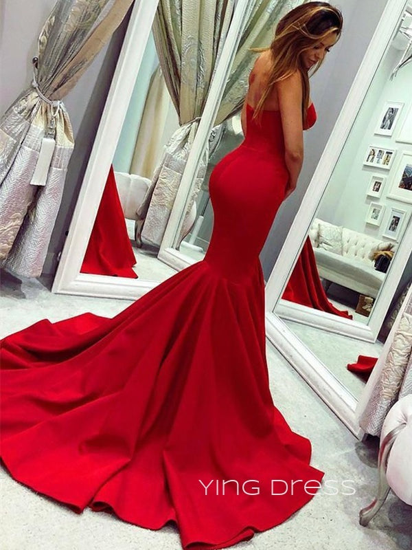 Mermaid Red Satin Sweetheart Long Evening Prom Dresses, Strapless Custom Prom Dress, YD0213