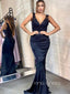 Navy Blue Aplliques V-neck Long Evening Prom Dresses, Strapless Mermaid Prom Dress, YD0215