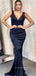 Navy Blue Aplliques V-neck Long Evening Prom Dresses, Strapless Mermaid Prom Dress, YD0215