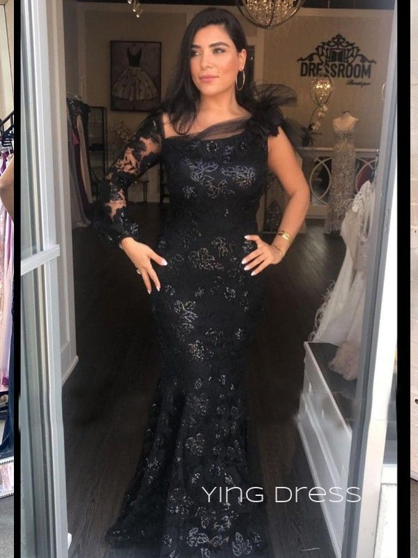 Black Tulle Appliques Mermaid Long Evening Prom Dresses, Long Sleeves Mermaid Prom Dress, YD0216