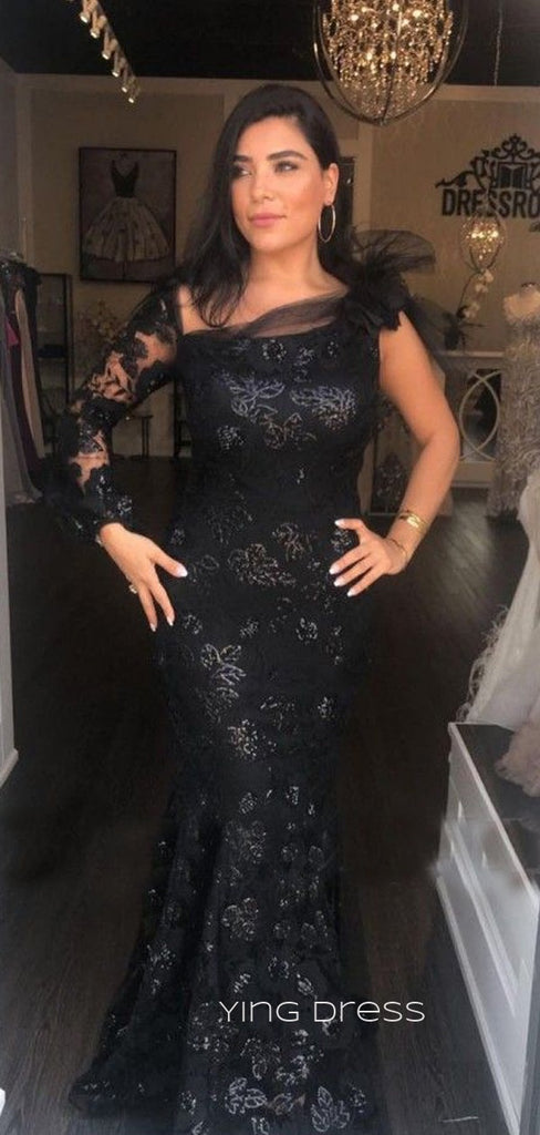 Black Tulle Appliques Mermaid Long Evening Prom Dresses, Long Sleeves Mermaid Prom Dress, YD0216