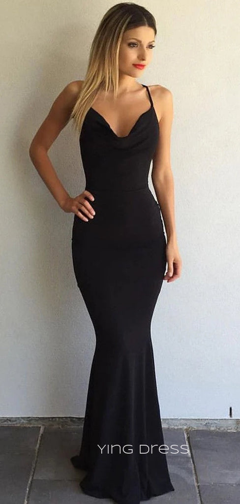 Black Mermaid Spaghetti Straps Cowl-neck Long Evening Prom Dresses, YD0219