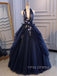 Navy Blue Tulle Appliques V-neck Long Evening Prom Dresses, A-line Ball Gown, YD0221