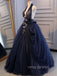 Navy Blue Tulle Appliques V-neck Long Evening Prom Dresses, A-line Ball Gown, YD0221