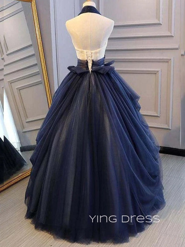 Navy Blue Tulle Appliques V-neck Long Evening Prom Dresses, A-line Ball Gown, YD0221