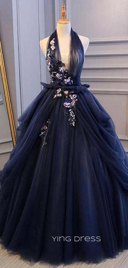 Navy Blue Tulle Appliques V-neck Long Evening Prom Dresses, A-line Ball Gown, YD0221