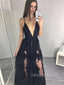 Deep V-neck A-line Black Tulle Long Evening Prom Dresses, Spaghetti Straps Prom Dress, YD0223